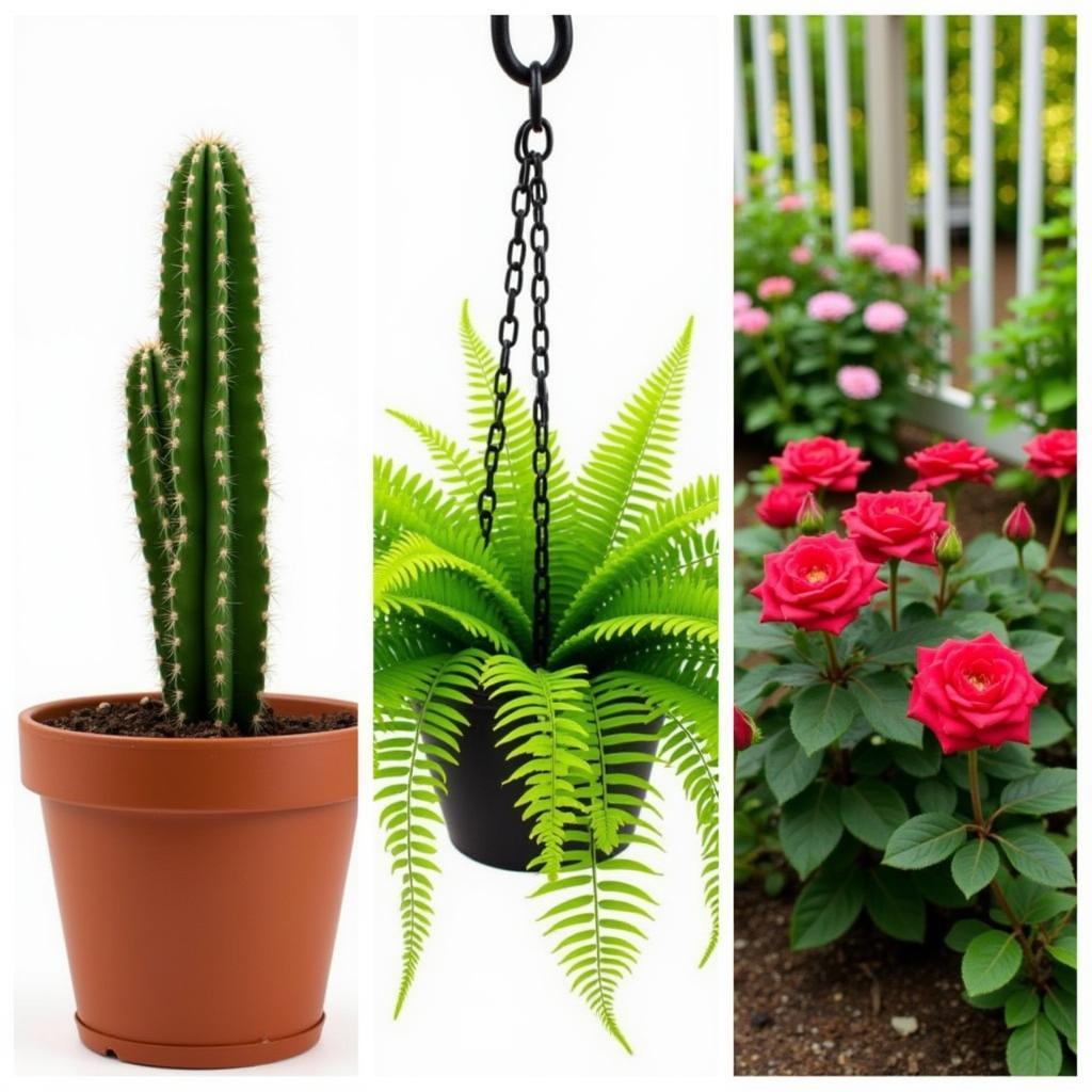 Three Diverse Plants: Cactus, Fern, and Rose