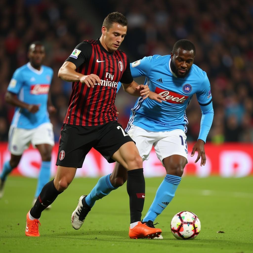 AC Milan and Napoli players locked in a defensive battle