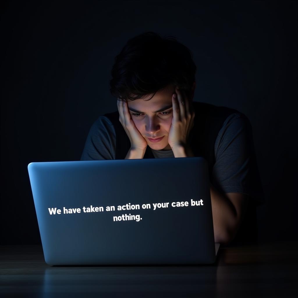 Image showing a frustrated person looking at a computer screen displaying the message "We have taken an action on your case but nothing"