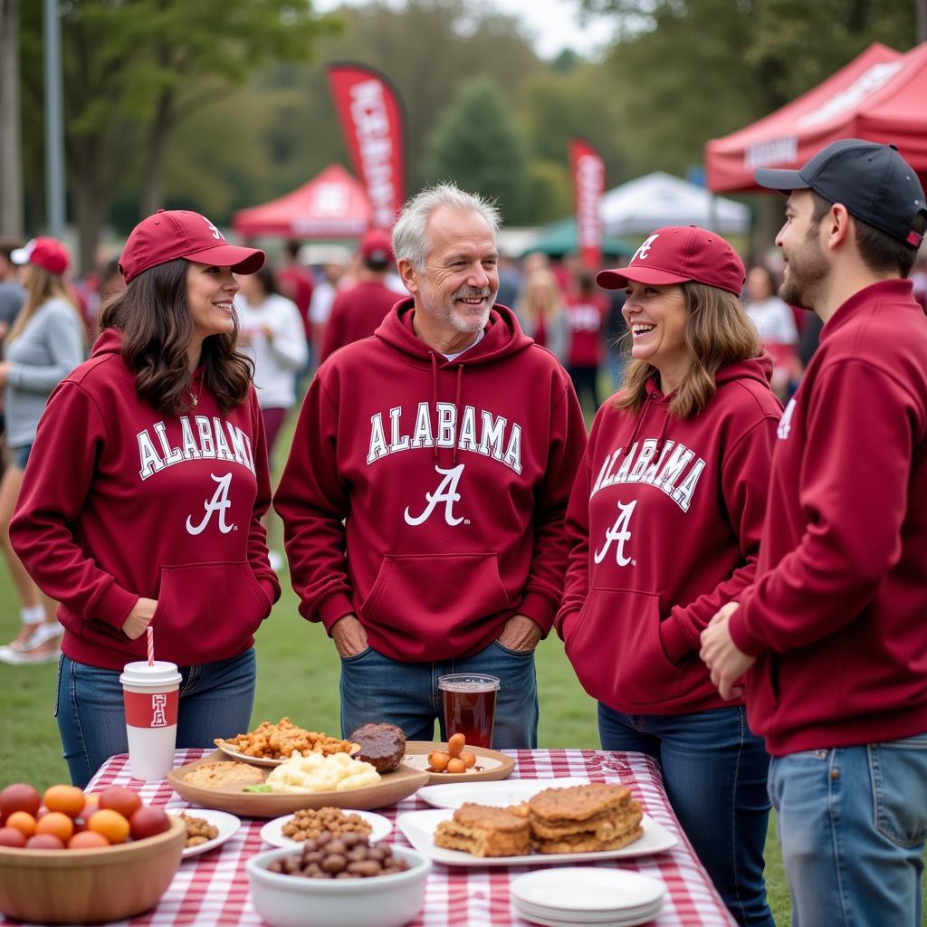 Alabama alumni wearing sweatshirts at a tailgate