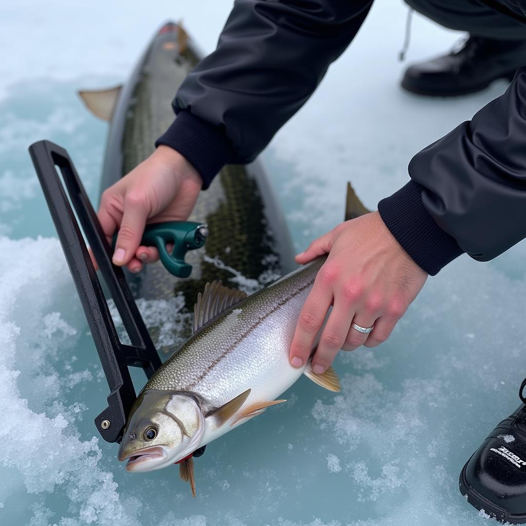 Angler releasing a fish after using an ice fishing hook remover