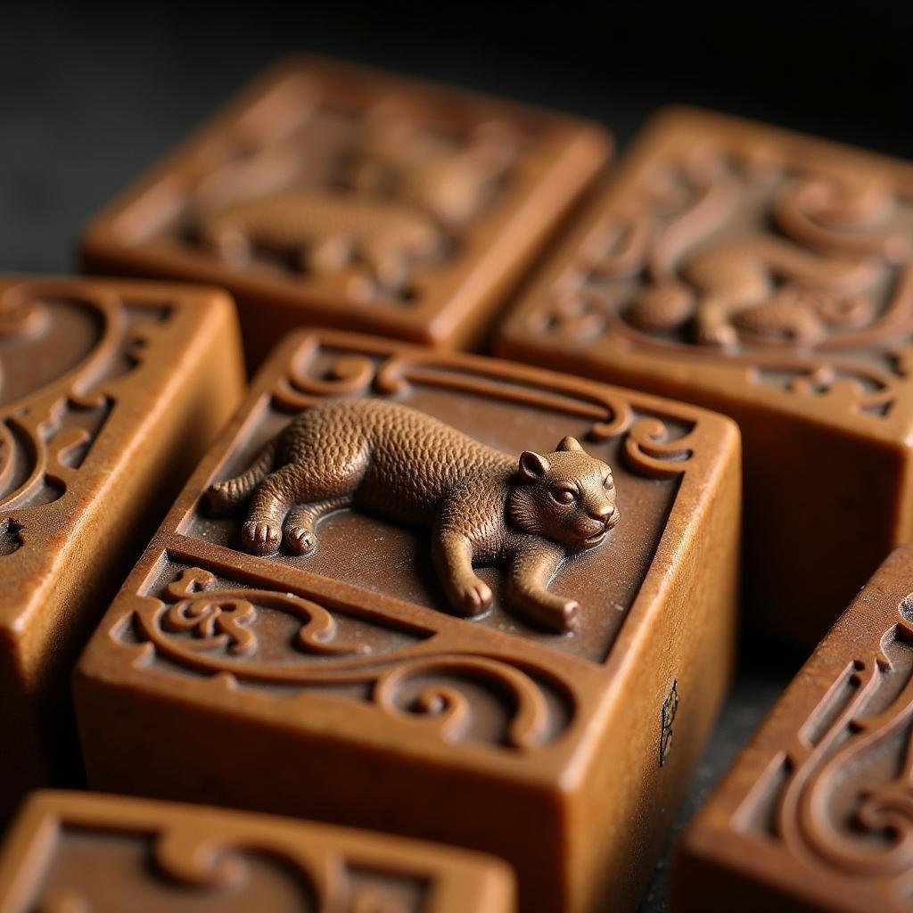 Close-up view of antique mahjong tiles featuring intricate animal designs, highlighting the craftsmanship and artistic value.