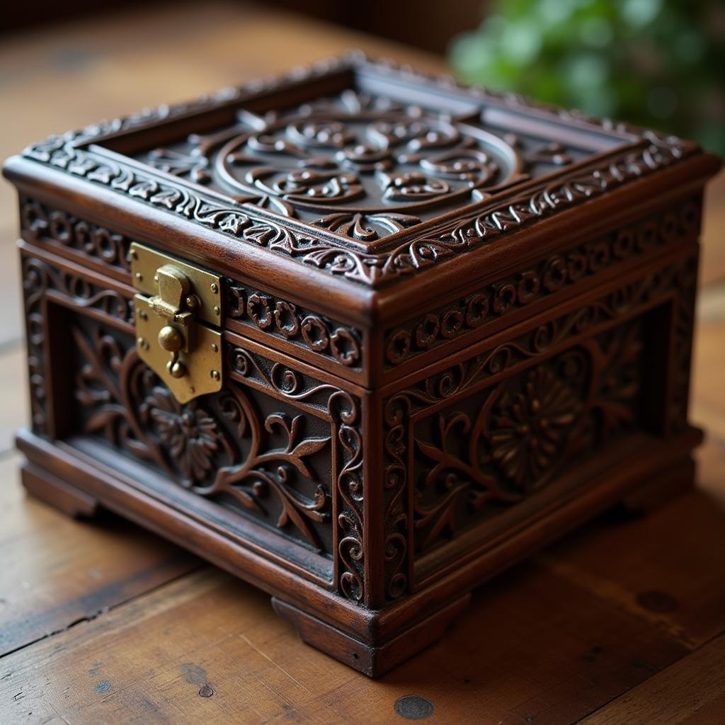 Antique Wooden Memory Box with Intricate Carvings