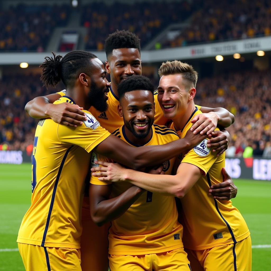 Antwoine Hackford celebrates a goal with his teammates