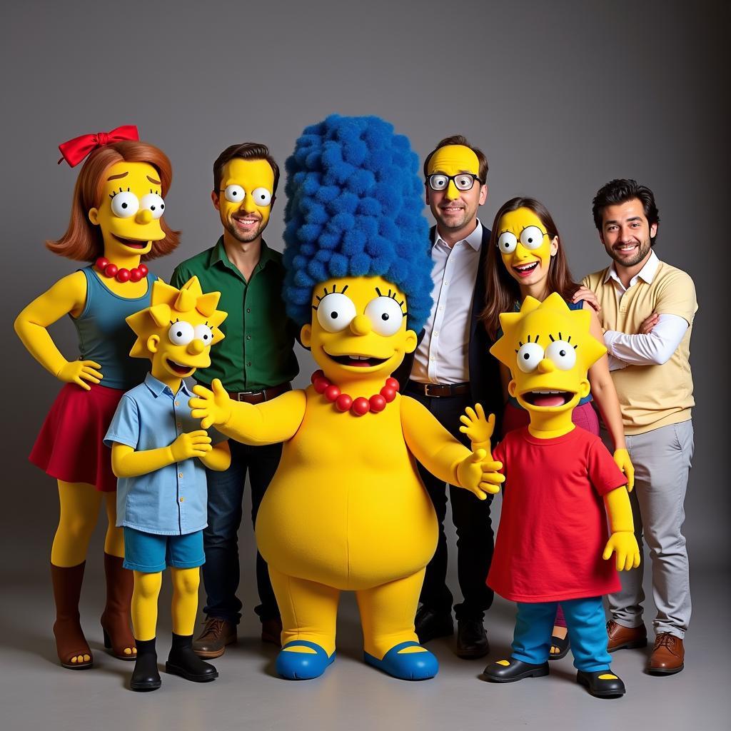 A group of people dressed in various Simpsons characters costumes, with Apu as the centerpiece.