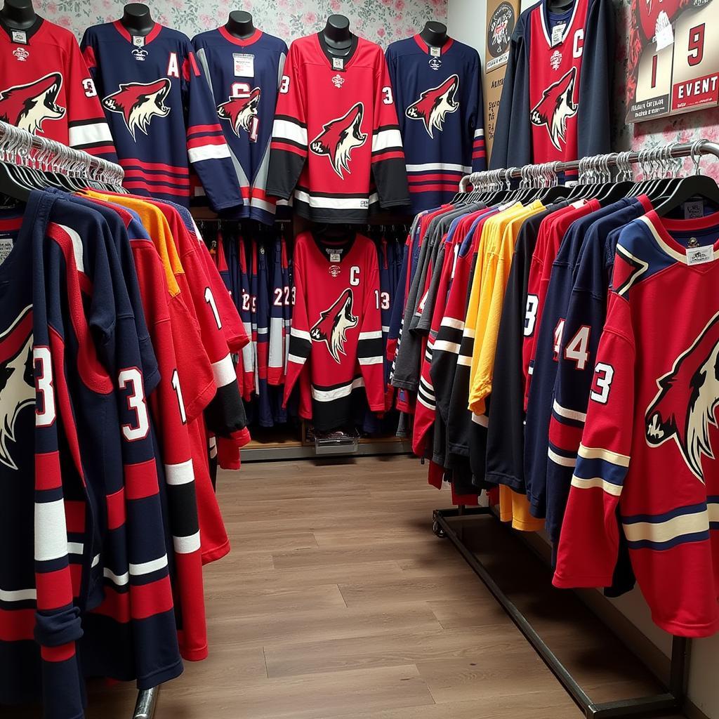 Arizona Coyotes Jerseys in a fan shop, displaying various styles and sizes.