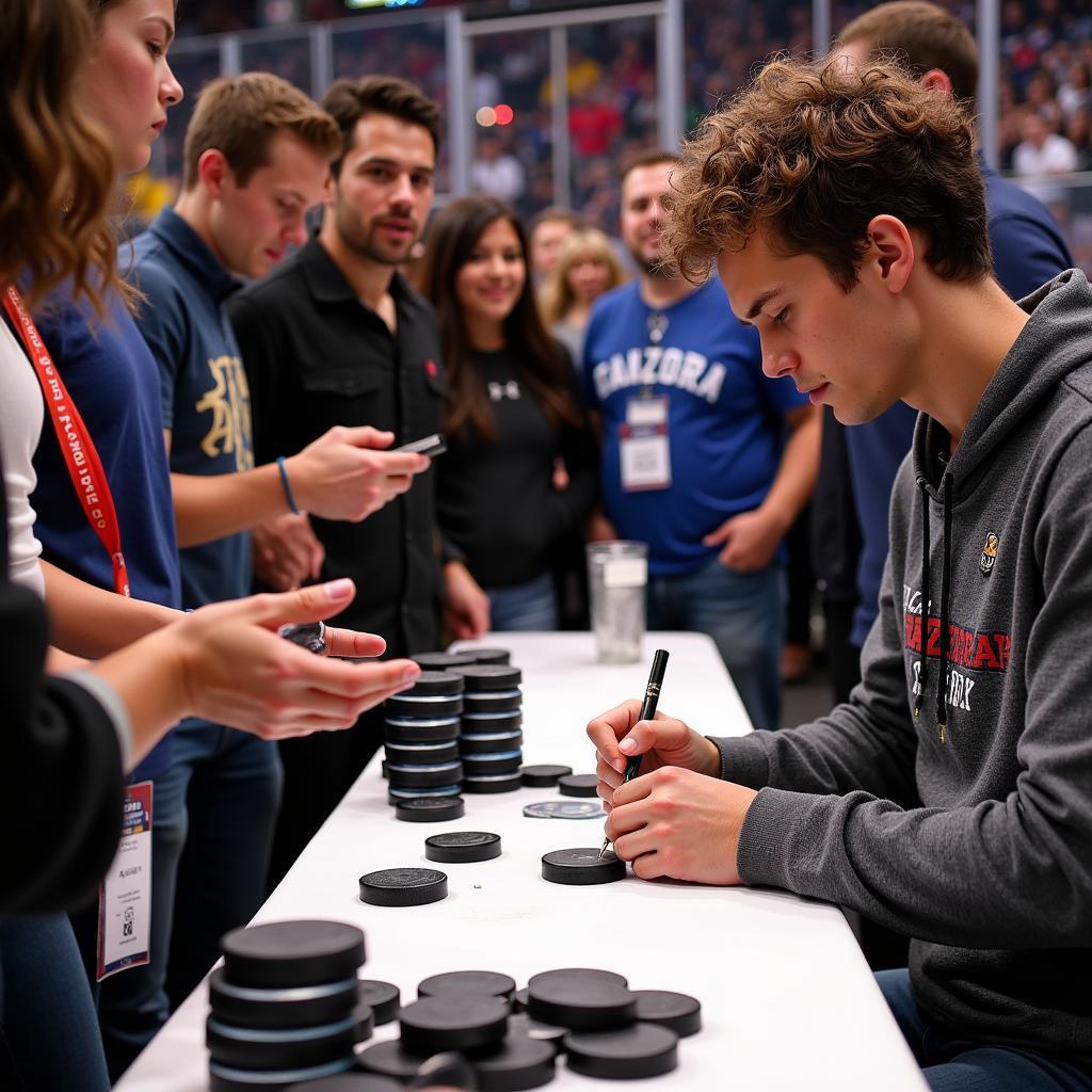 Artemi Panarin Signing Pucks at a Fan Event