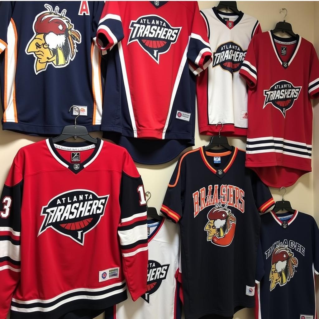 A collection of Atlanta Thrashers jerseys displayed in a fan's home.