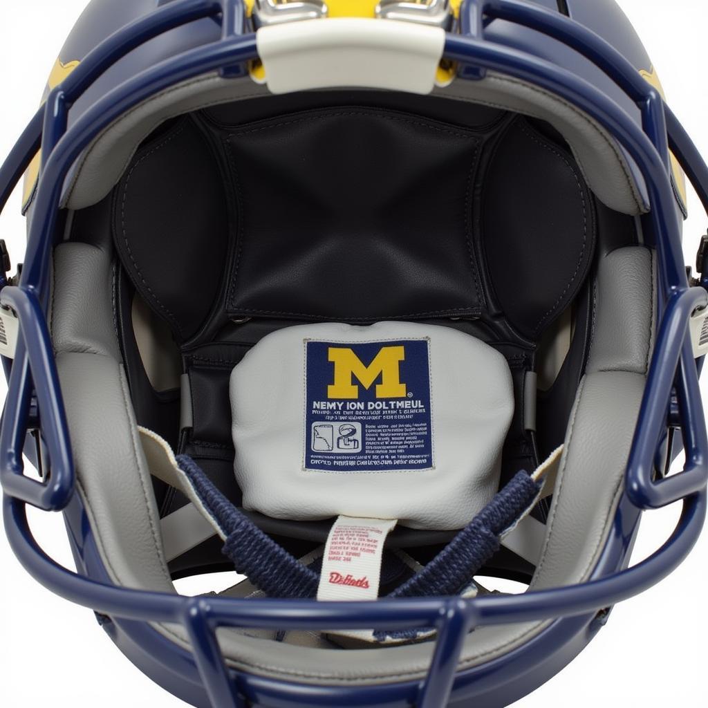 Detailed view of the interior padding and manufacturer's markings inside an authentic Michigan football helmet.