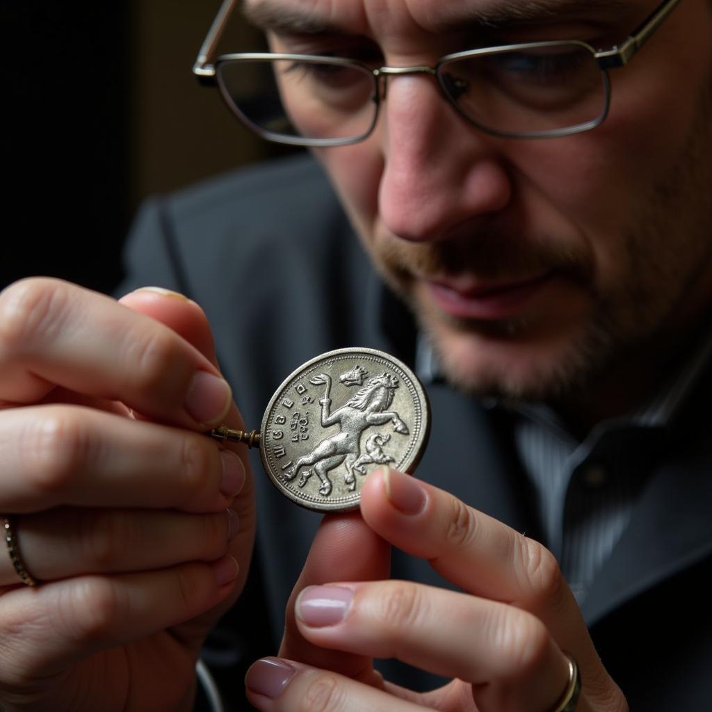 Expert examining a zodiac silver coin to verify its authenticity and condition.