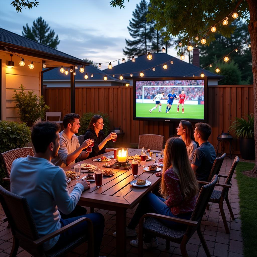 Friends watching Yamal on a big screen in the backyard with a patio table.