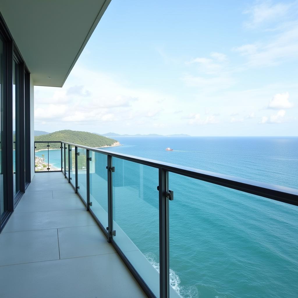 Glass railing on a balcony overlooking the ocean