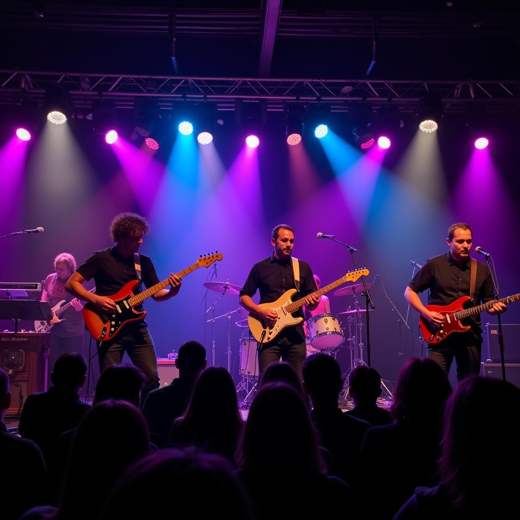 Band performing energetically on stage, showcasing their musical skills and synergy.