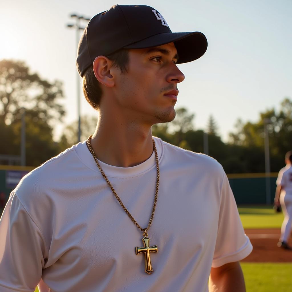 Baseball Cross Necklace Worn by Athlete