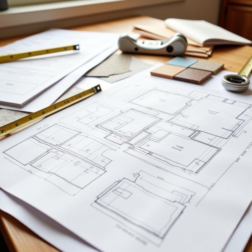 Blueprint and plans for a basement renovation laid out on a table