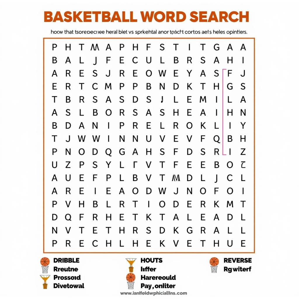 Basketball word search grid with highlighted words