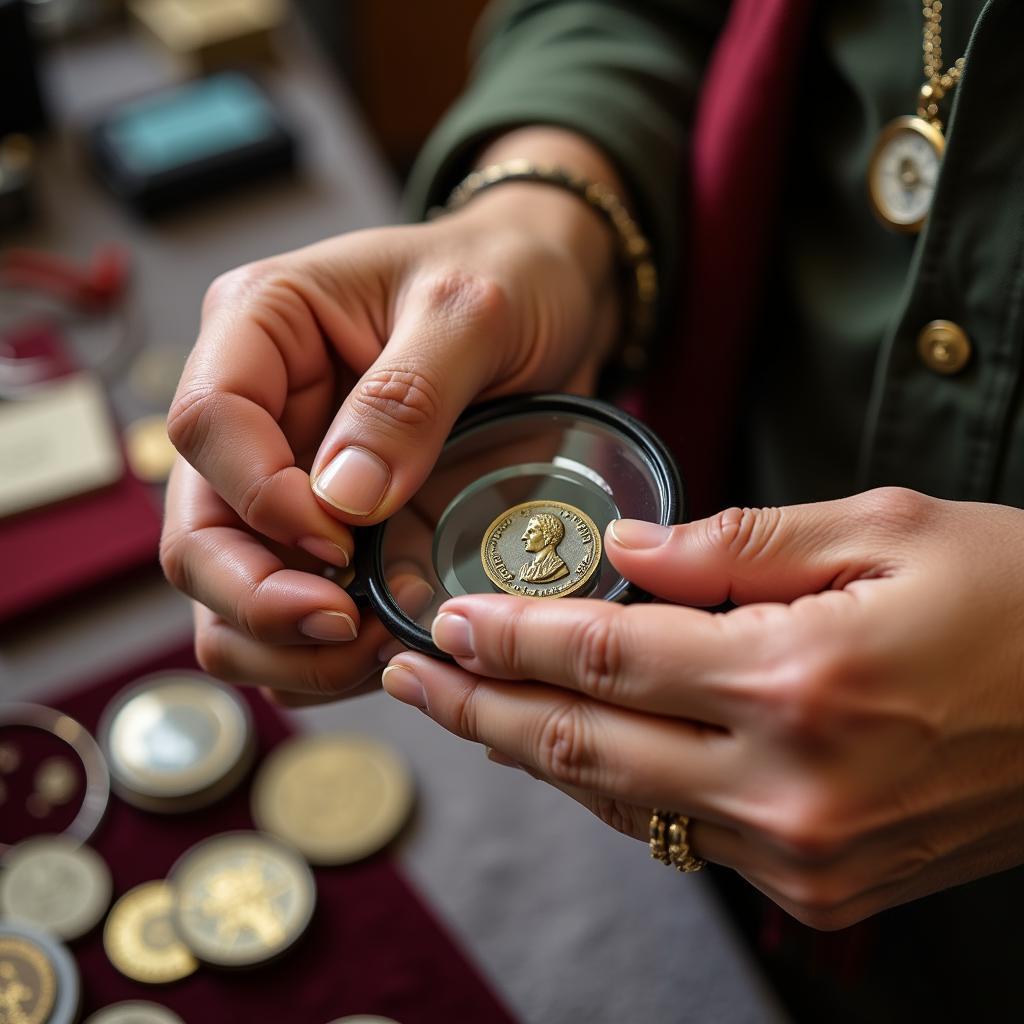 Examining a Roman Coin at a Battlefield Coin Show