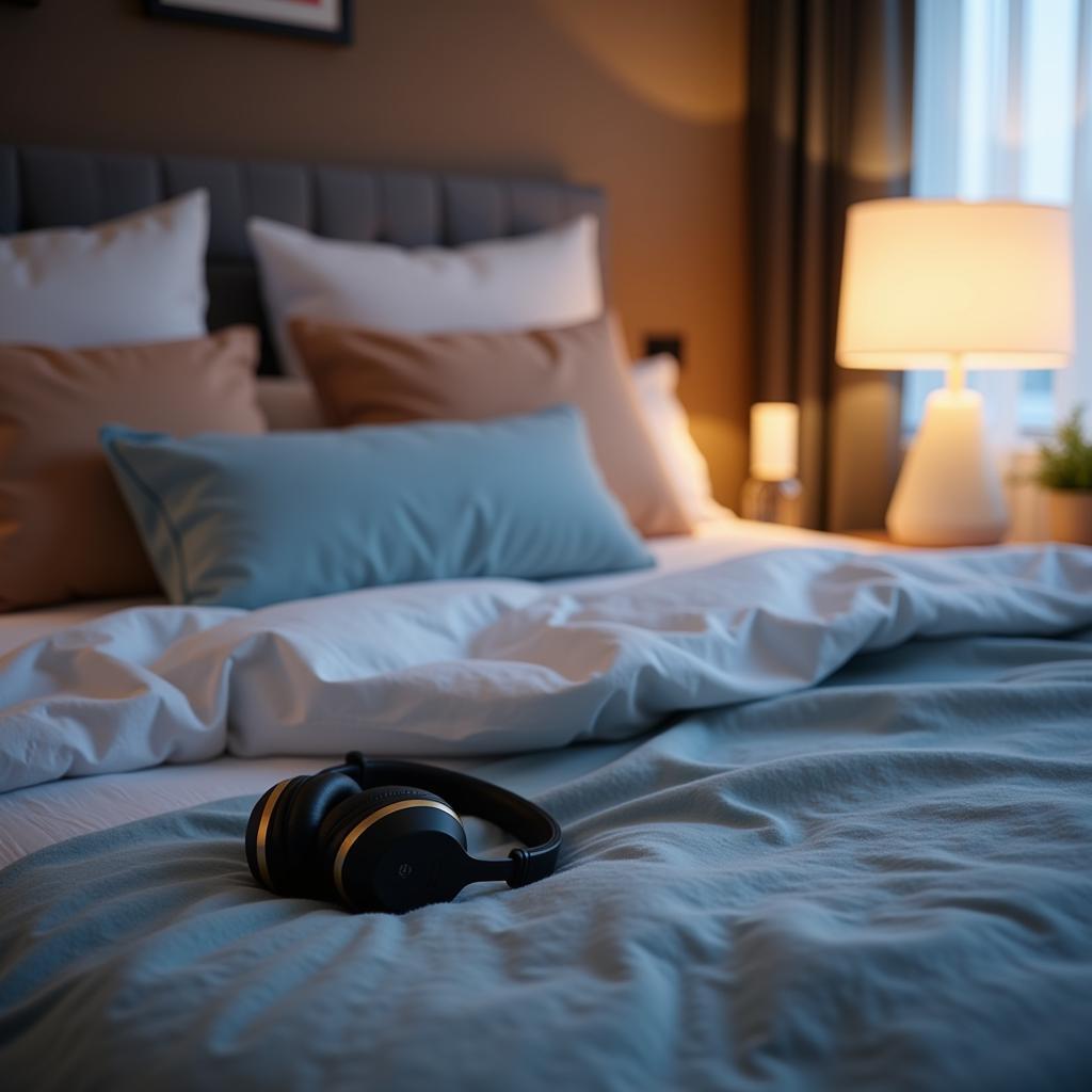 Comfortable bed with music setup and headphones