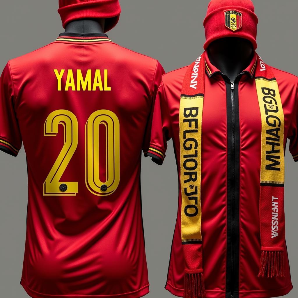 Belgium FC Kit with Yamal Customization: Showcase a customized jersey with Yamal's name and number, alongside other accessories like scarves and hats.