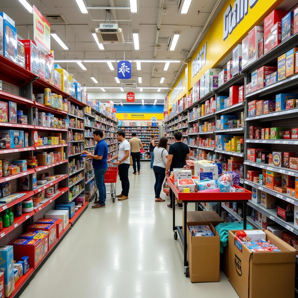 A bustling discount store interior with various products displayed.