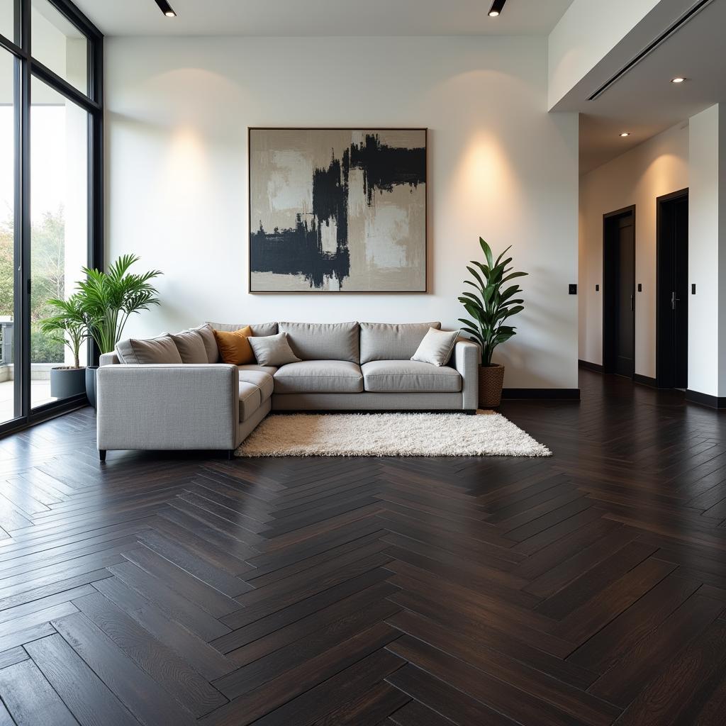 Black Herringbone Wood Floor in a Modern Living Room