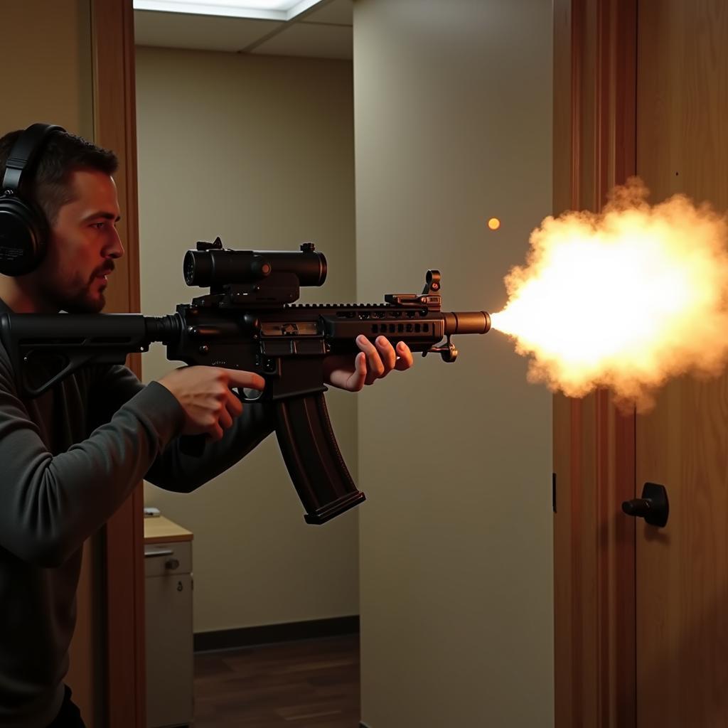 A blank firing Mac 10 being fired during a film production, demonstrating its realistic muzzle flash.