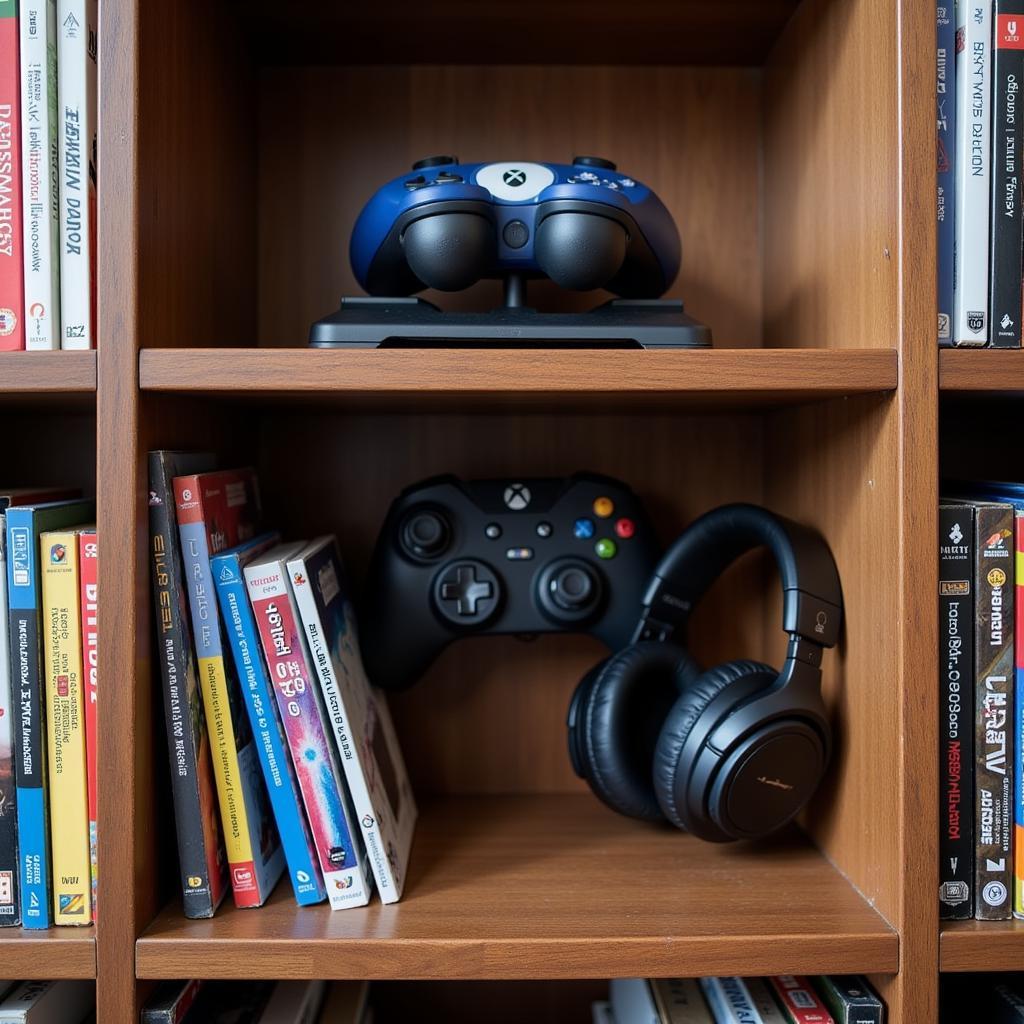 Organized bookcase game display with controllers and accessories.