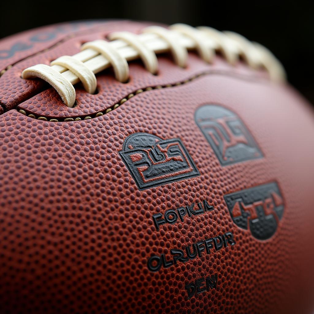 Close-up of a well-worn football showing the softened leather and stretched stitching