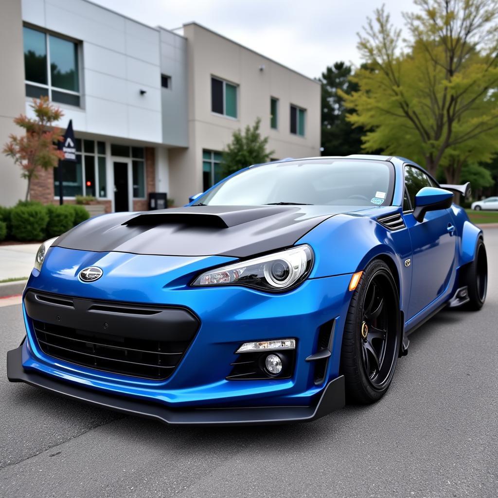 Front view of a Subaru BRZ equipped with the Rocket Bunny wide body kit, showcasing the aggressive front bumper and extended fenders.