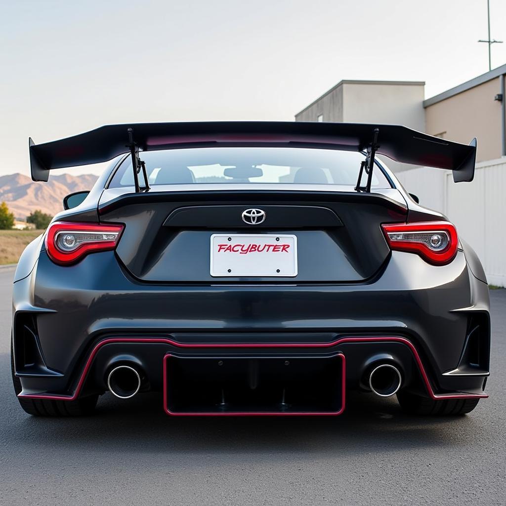 Rear view of a Subaru BRZ with the Rocket Bunny kit, emphasizing the large rear wing and diffuser.