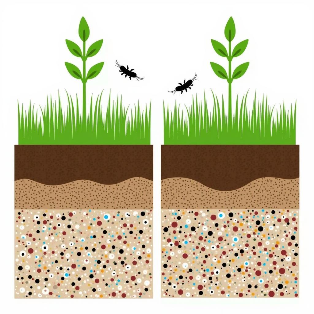 Cross-section of soil showing the positive impact of bug marbles on soil structure and nutrient distribution.