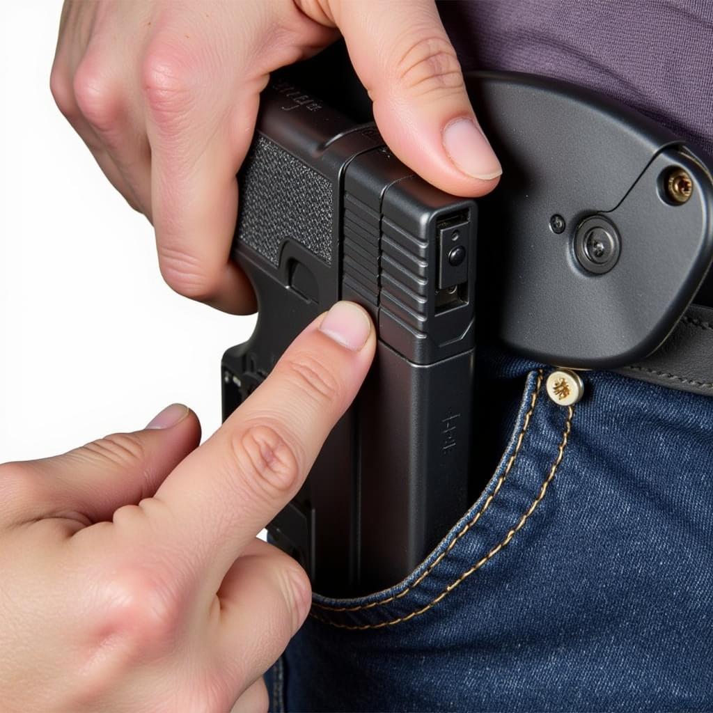 Close up of button release mechanism on a tactical holster