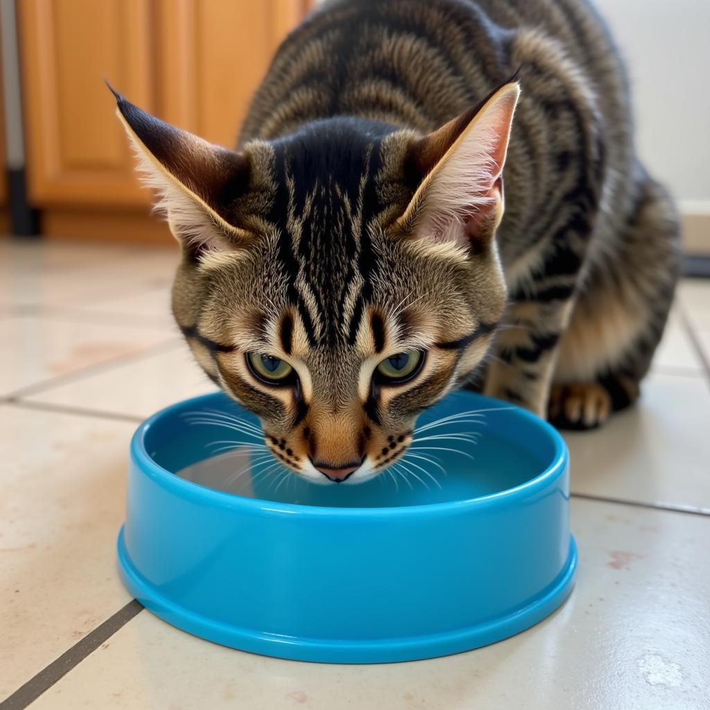 Cute Cat Drinking Water From a Ceramic Bowl