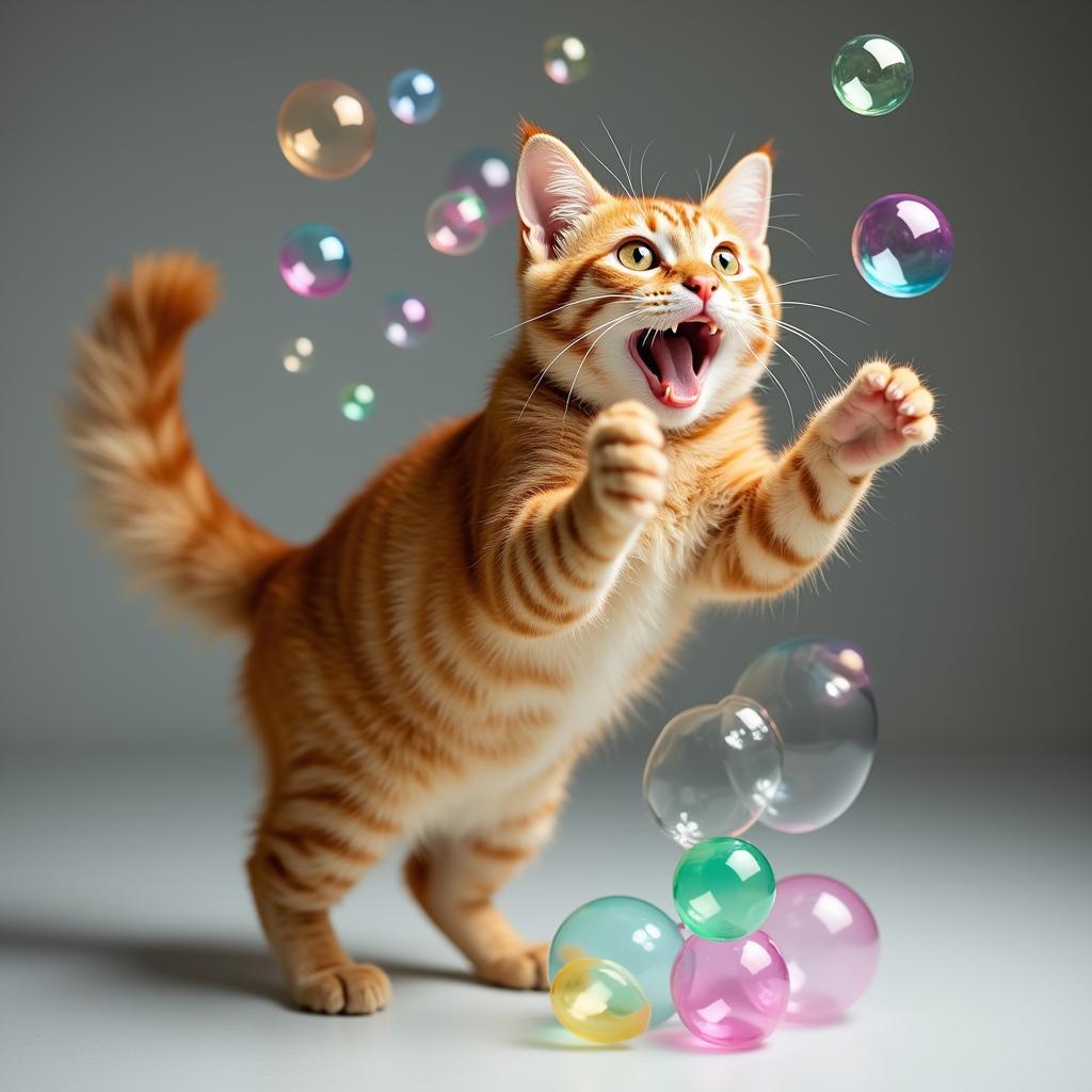 A playful cat batting at and chasing catnip bubbles.