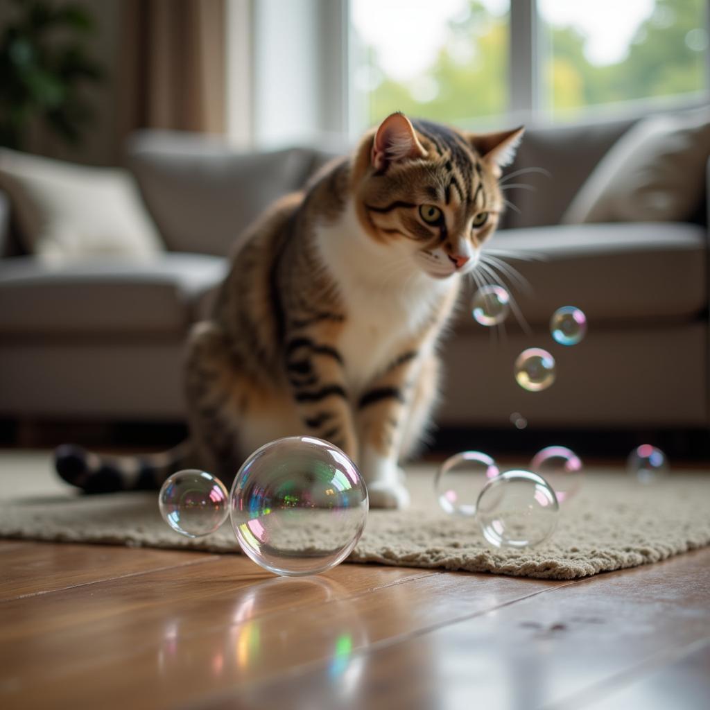 Catnip bubbles floating in the air, enticing a playful cat.