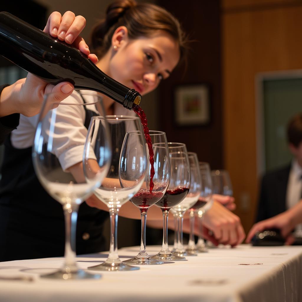 Waitstaff expertly pouring wine into multiple glasses during a championship match.