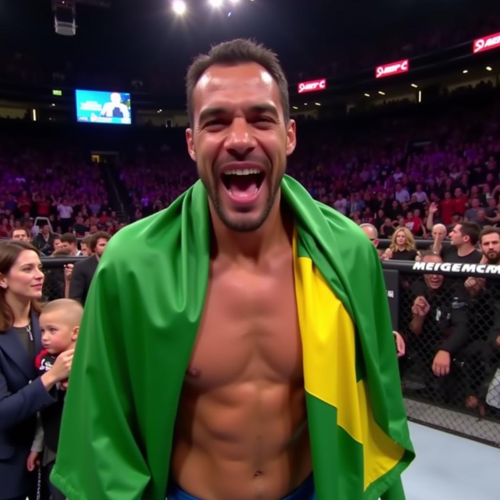 Charles Oliveira with the Brazilian flag draped over his shoulders after a victory