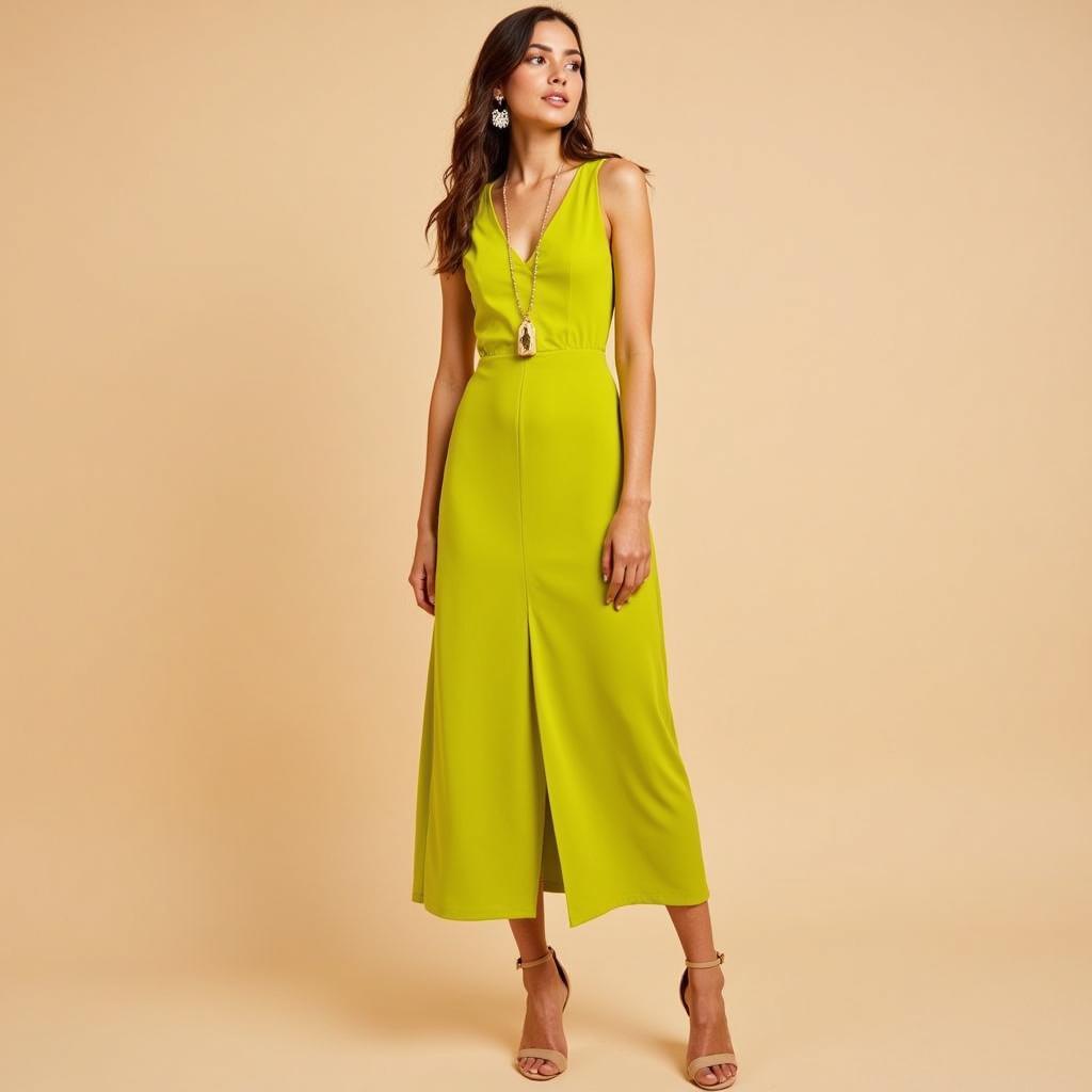 Accessorizing a Chartreuse Yellow Dress: Gold Jewelry and Nude Heels