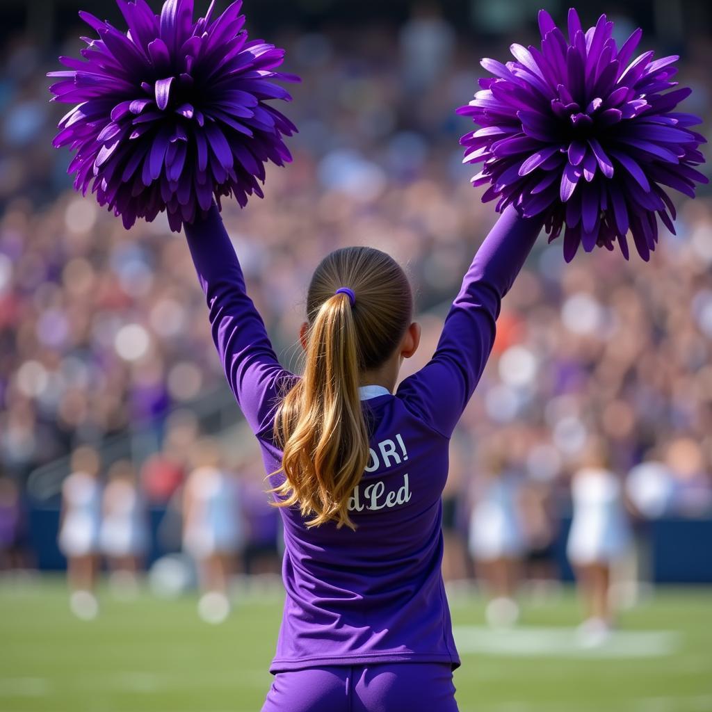 Cheerleader Using Purple Pom Poms in Performance