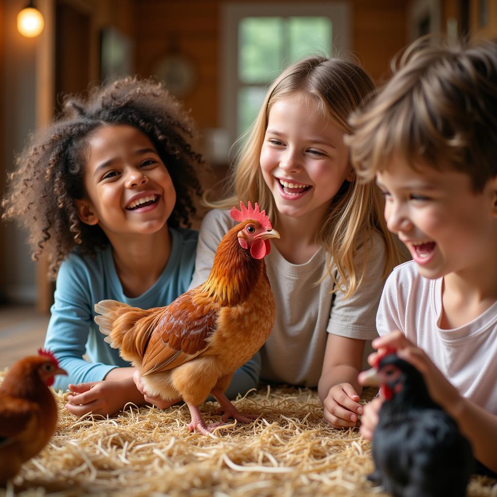 Children enjoying the chicken in a hen house game