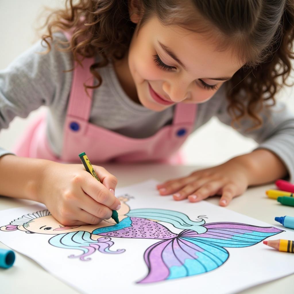 Child Coloring a Mermaid Tail Coloring Page