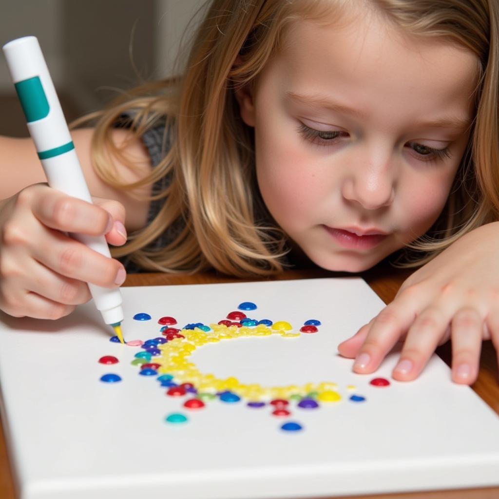 A child focused on creating diamond art