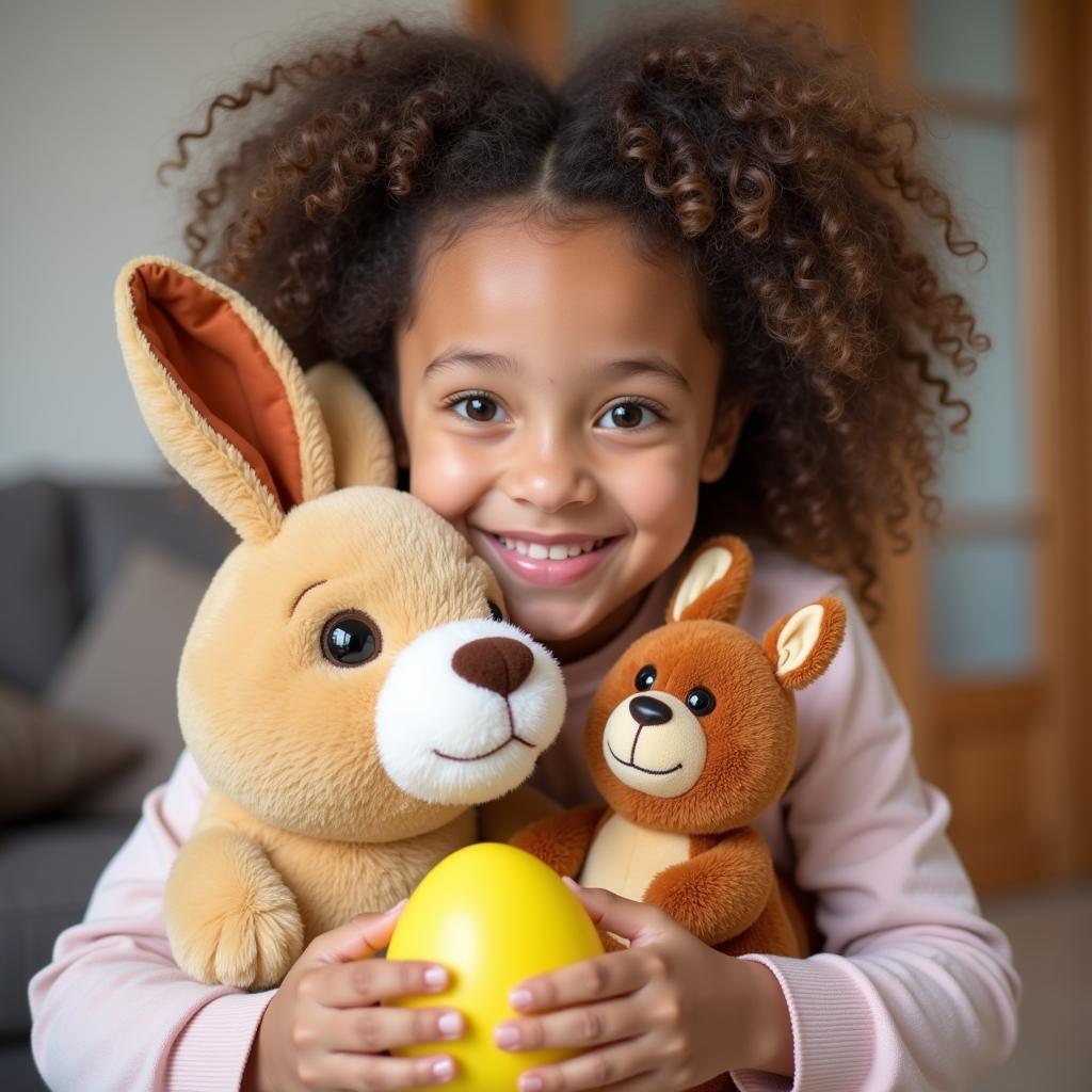 A child happily hugging their new stuffed animal