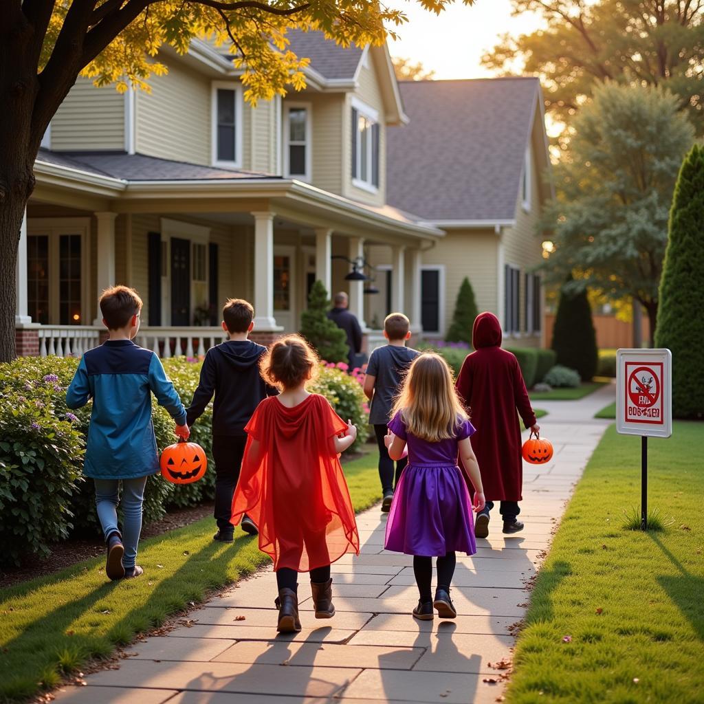 Children Walking Past a House with a No Trick or Treat Sign