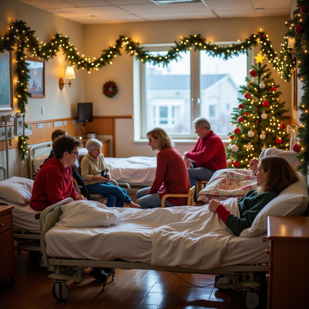 Festive Christmas decorations brighten a hospital ward, bringing cheer to patients and staff.