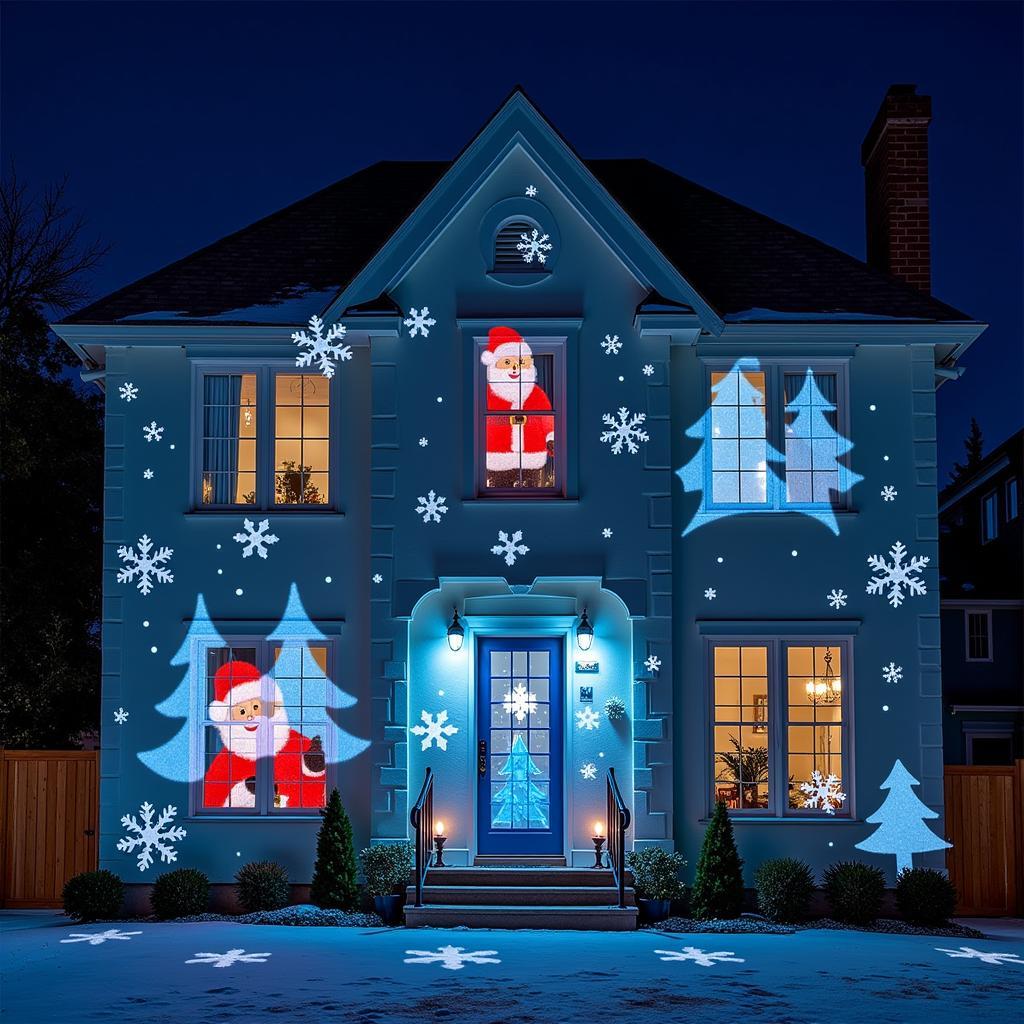 Christmas Laser Projector Displaying Festive Scenes on a House