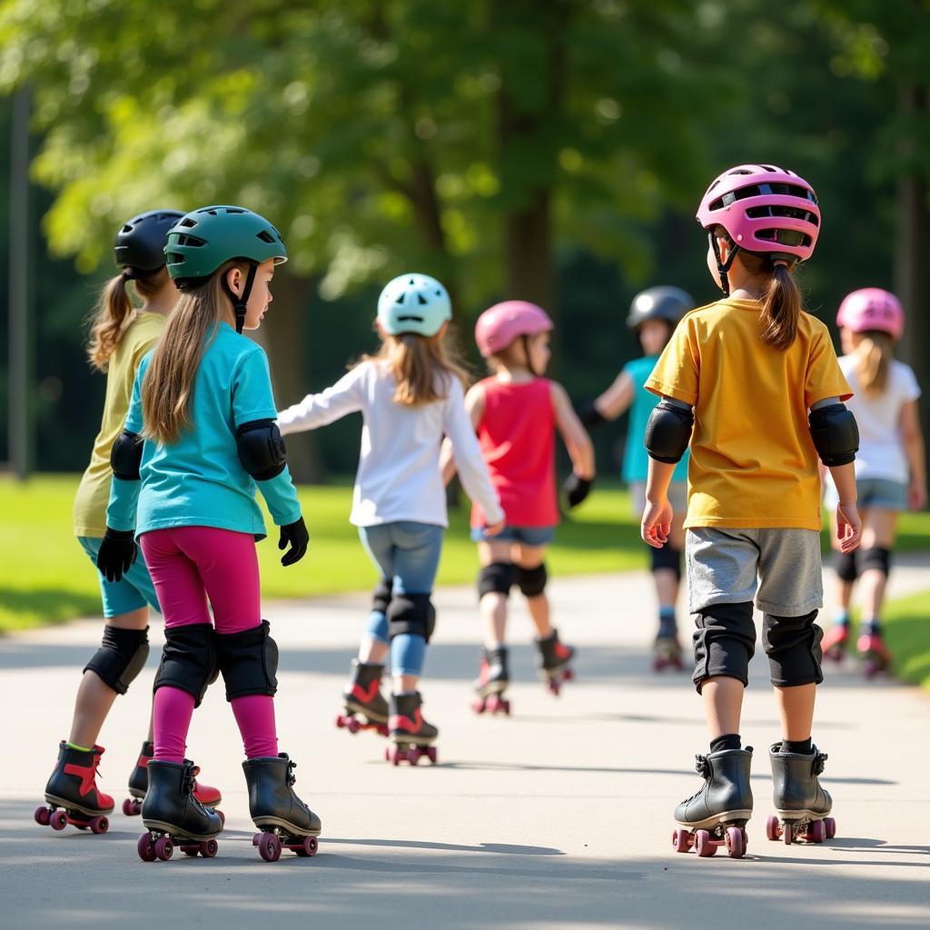 Kids playing Red Light, Green Light on roller skates