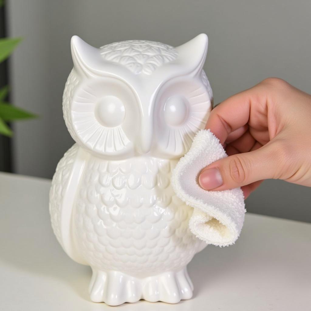 Carefully cleaning a white owl statue with a soft cloth