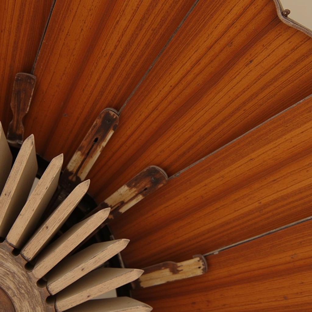 Close-up of mahogany ceiling fan blades showing the pitch and detail