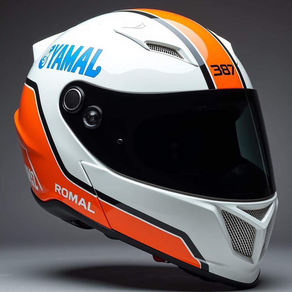 Close-up view of Yamal's gran turismo helmet highlighting its unique design and features.